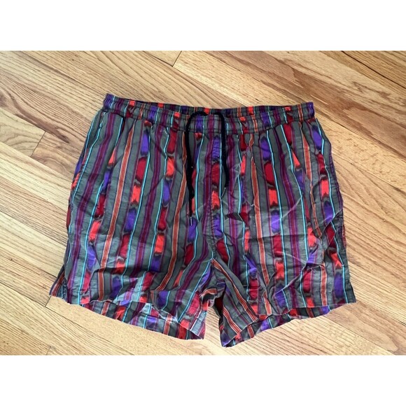 Vtg 80 90's Pacific Scene Men Wild TRIBAL Geometric Swim Shorts Purple Trunks L - Picture 2 of 7